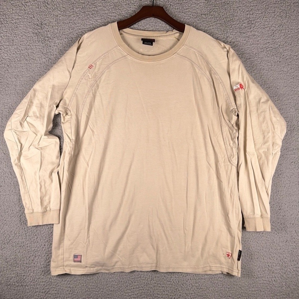 Ariat FR Long Sleeve T-Shirt Mens XXL Khaki CAT 2 Flame Resistant Work USA Flag